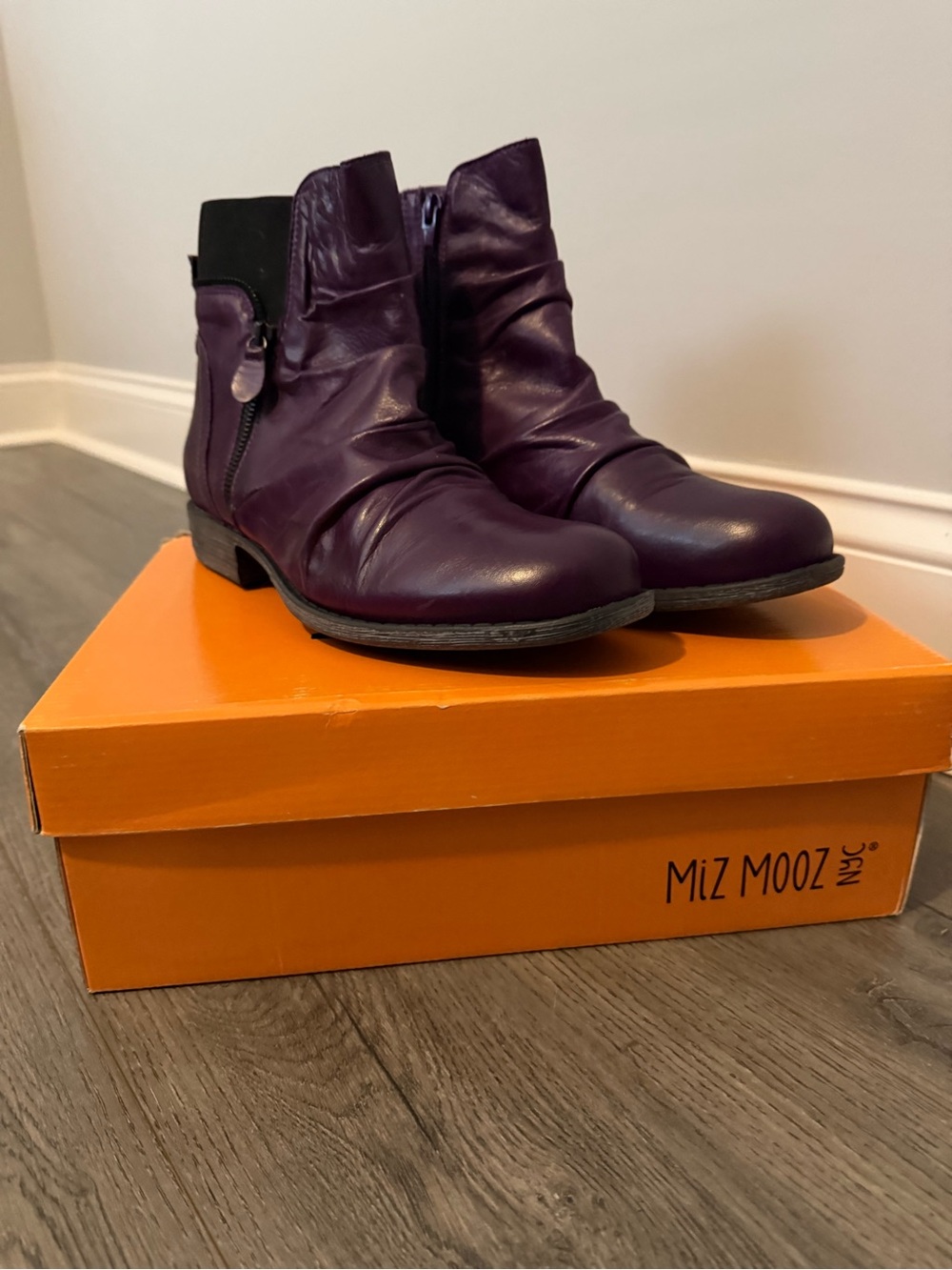 Miz Mooz Deep Purple Leather Ankle Booties with Side Zip